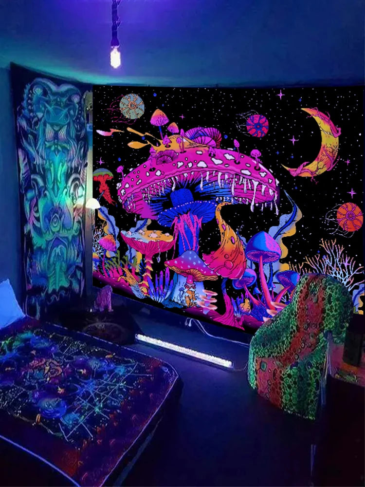 GlowMushroom Night Sky Tapestry