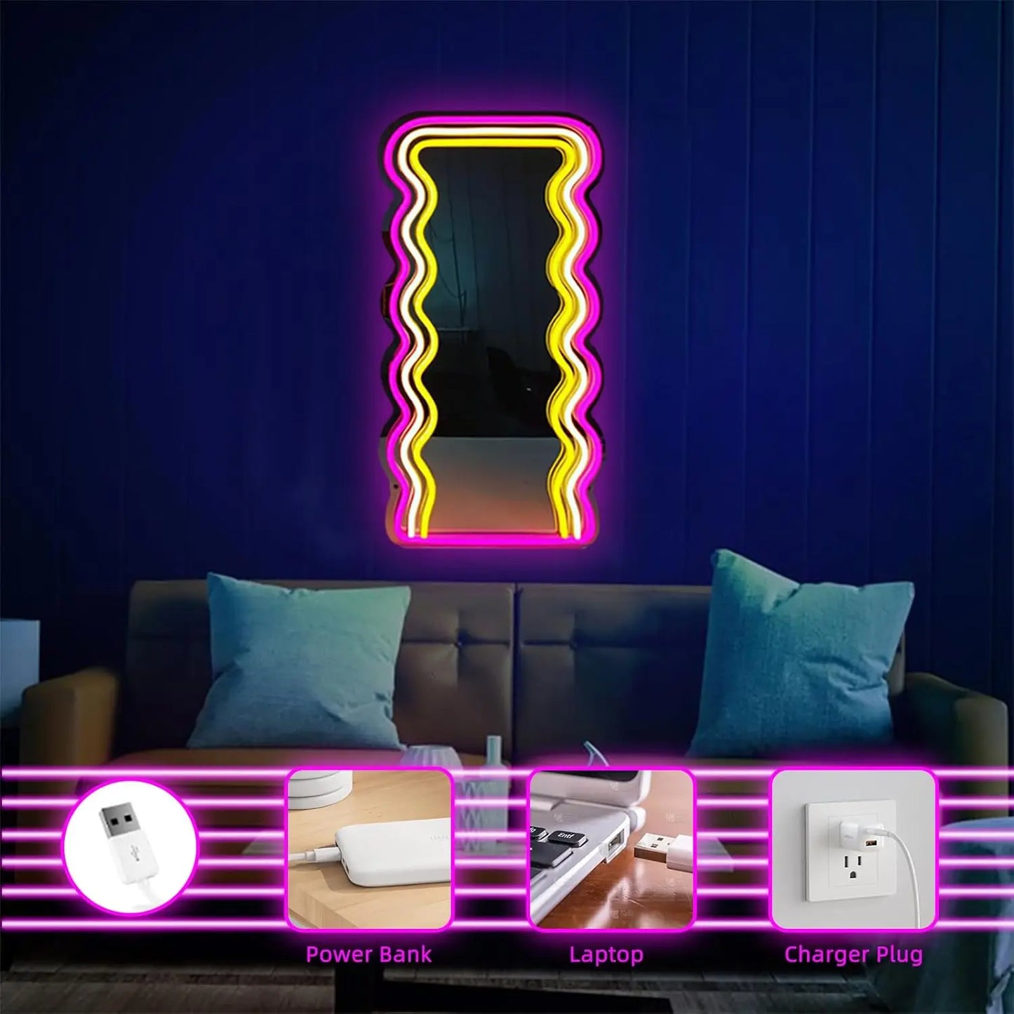 Neon Wave Mirror: LED Glow for Chic Spaces