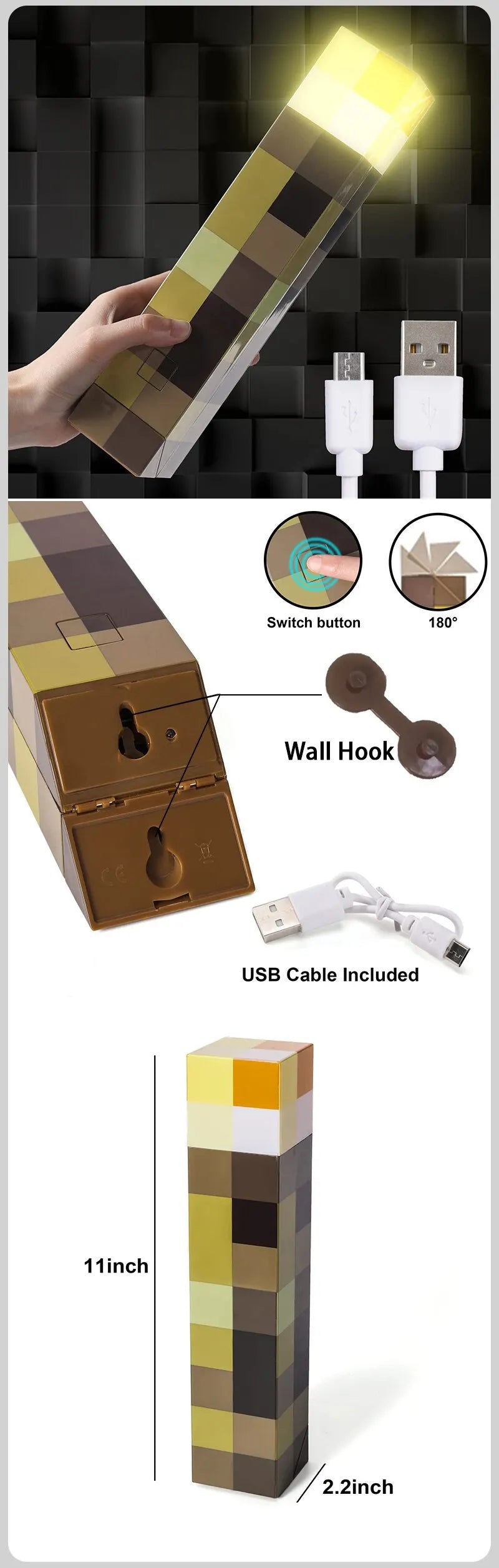 Brownstone Glow: USB Rechargeable LED Night Torch