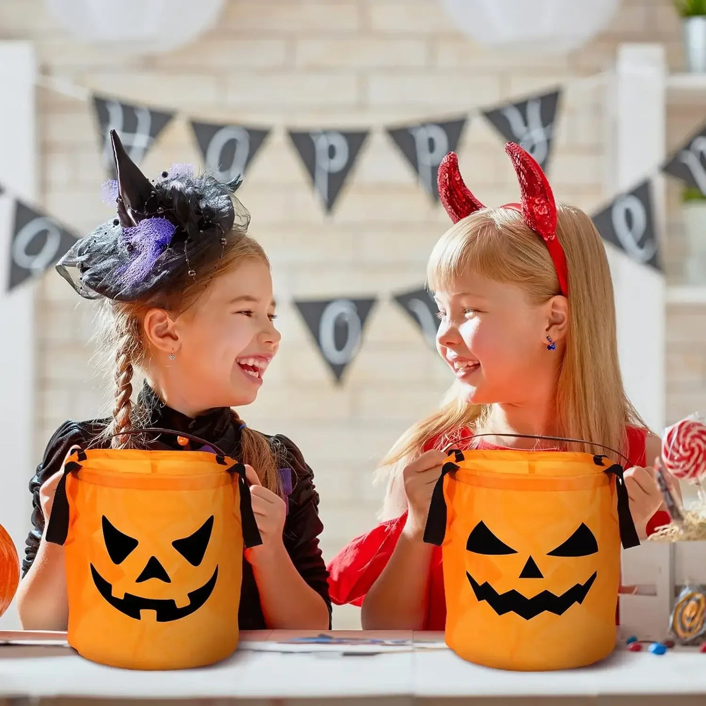 Halloween Pumpkin Candy Tote Bag Basket for Kids Trick or Treat Party Bucket
