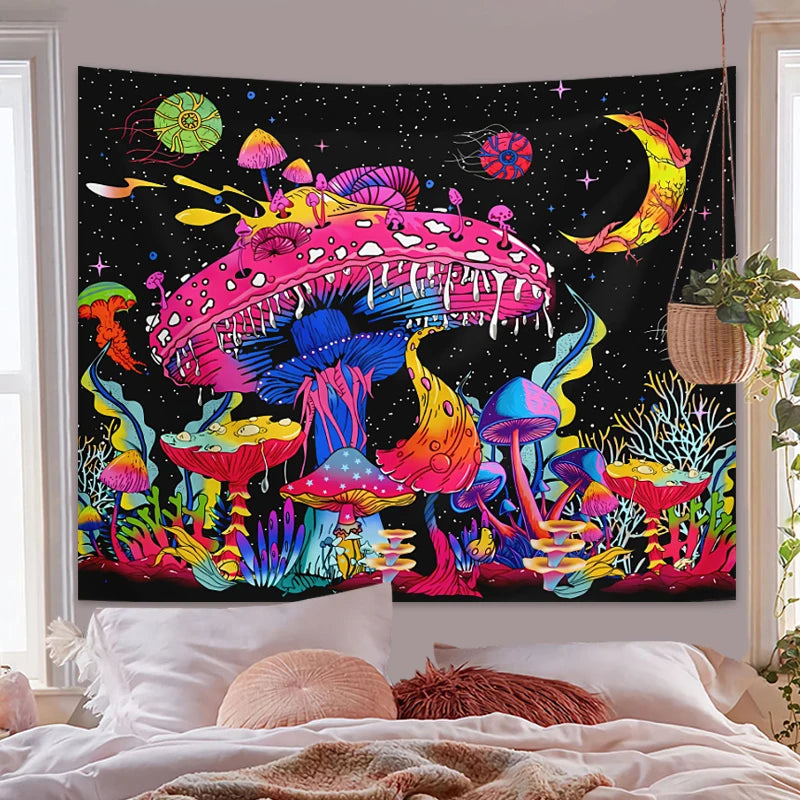 GlowMushroom Night Sky Tapestry
