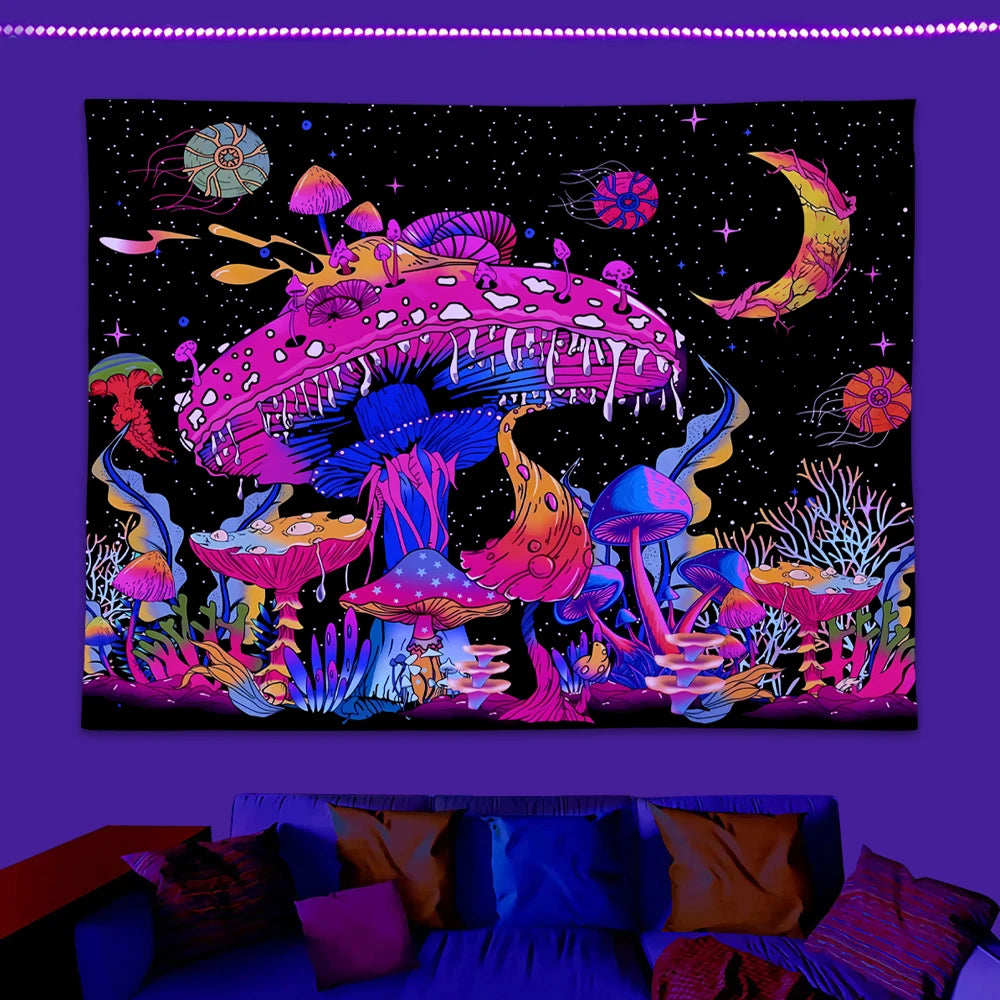 GlowMushroom Night Sky Tapestry